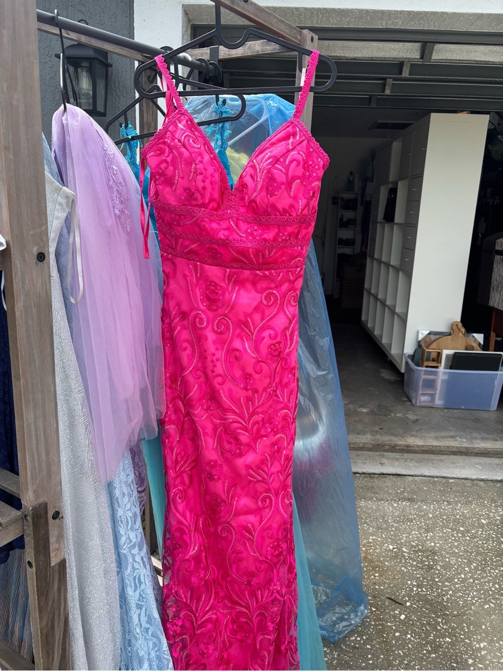 Fuchsia Beaded Spaghetti-Strap Prom/ Formal Dress